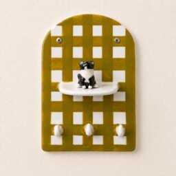 Custom Mustard Checkerboard Pet Ceramic Key Holder Wall Hook Stripes 3D Tuxedo Cat Countryside Elegant Leash Hanger Entryway Organizer Gift - thumbnail 2