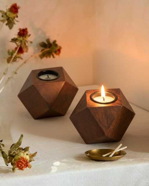 Geometric Hand Carved Rosewood Candle Holders - Set Of 2 - image 1