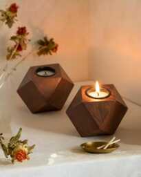 Geometric Hand Carved Rosewood Candle Holders - Set Of 2