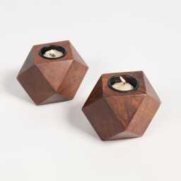 Geometric Hand Carved Rosewood Candle Holders - Set Of 2 - thumbnail 2
