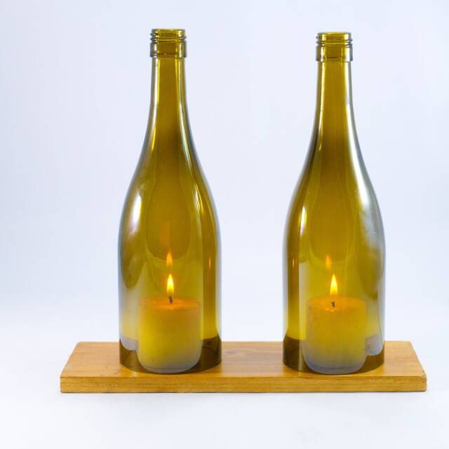 Wine Bottle Led Candle Stand - Cover Holder Set With A Wooden Base For Table Decoration Olive Green - image 1