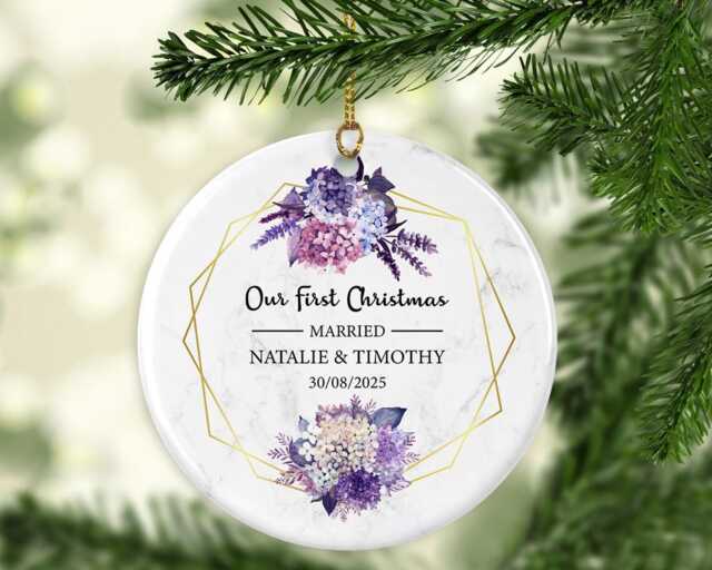 Personalised First Christmas Married Wedding Gift As Mr Mrs Gift Newlywed Wreath Floral Mdf Or Ceramic Acrylic Round Ornament Keepsake - image 1