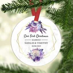 Personalised First Christmas Married Wedding Gift As Mr Mrs Gift Newlywed Wreath Floral Mdf Or Ceramic Acrylic Round Ornament Keepsake - thumbnail 2