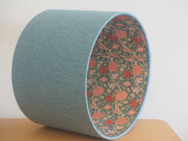 Blue William Morris Lampshade Floral Red & Pink Lining Duck Egg Tweed Style Fabric Drum Shade Ceiling Pendant Or Table Floor Various Sizes - image 1