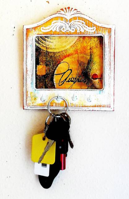 Key Holder, Hanging Handmade Acrylic & Wood Assemblage, Mixed Media Art, Abstract, Shabby Chic Gift Idea - image 1
