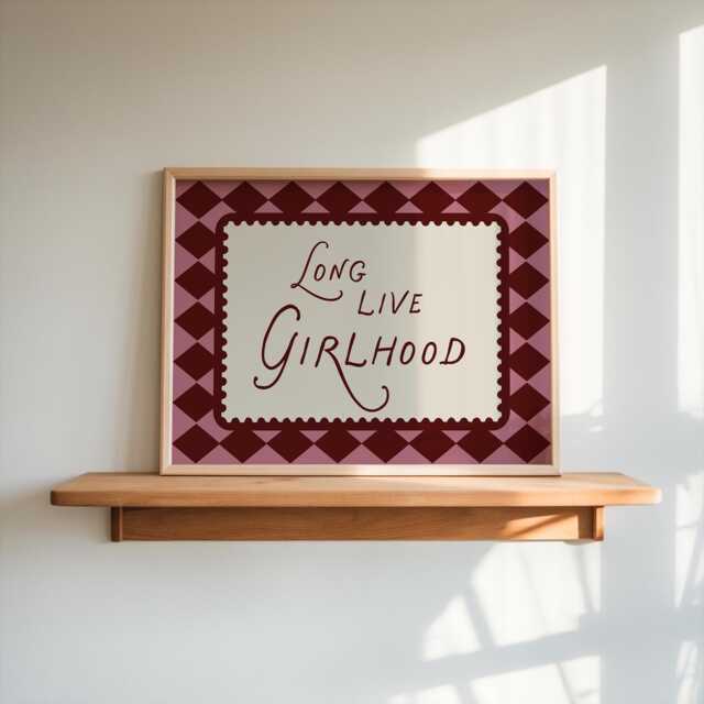 Long Live Girlhood Wall Art Print, Girls Bedroom Decor, Pink & Red Aesthetic, Retro Vintage Art, Harlequin Pattern, Birthday Gift - image 1