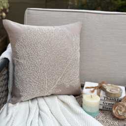 "Mocha Beige Cotton Linen Beaded Sea Creature Pattern Throw Pillow Cover, 16""x16" - thumbnail 2