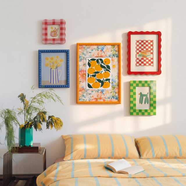 Eclectic Wall Art Picture Frame Set - Funky Vibrant Scalloped & Checkered Gallery Frames Retro Aesthetic Bedside Decor - image 1
