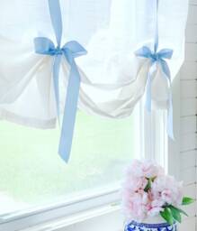 White Tie Up Shade Valance , Designer Valance , Farmhouse Look Modern Home Decor, Nursery Kitchen Curtain - thumbnail 1