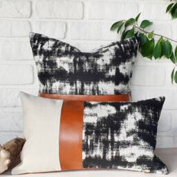 Cognac Faux Leather Pillow Cover Abstract Black & White Woven Fabric - thumbnail 2