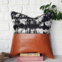 Cognac Faux Leather Pillow Cover Abstract Black & White Woven Fabric - thumbnail 3