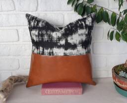 Cognac Faux Leather Pillow Cover Abstract Black & White Woven Fabric - thumbnail 1
