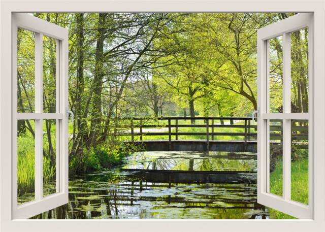 Bridge Over The River Wall Decal, 3D Window View Nature Sticker Mural, Frame Living Room Home Decor