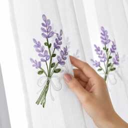 Embroidered Lavender Sheer Curtains, Floral White Voile Panel, Cottage Farmhouse Decor