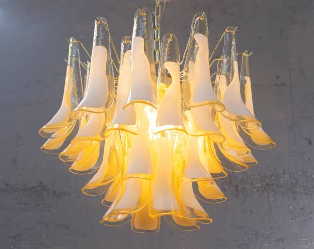 Murano Glass Chandelier, Italian Saddle Vintage Style, Amber & White - image 1