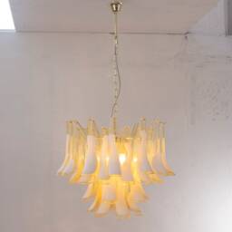 Murano Glass Chandelier, Italian Saddle Vintage Style, Amber & White - thumbnail 2