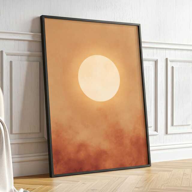 Amber Orb - Warm Orange Sun Over Soft Clouds, Minimal Sky Abstract Wall Art Print For Cozy Living Room Bedroom & Neutral Decor - image 1