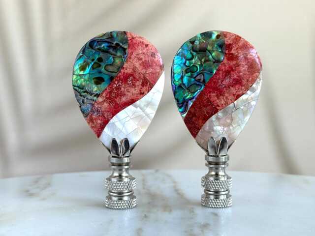 Abalone Mosaic Lamp Finials - Inlaid Shell Specimens On Shiny Chrome Hardware A Single Finial Or Matching Pair - image 1