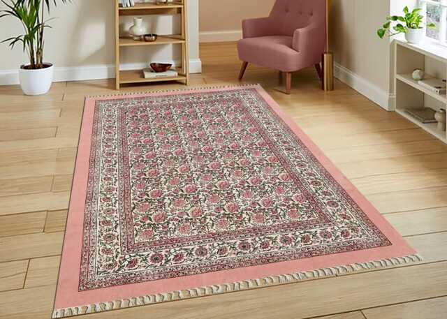 Floral Handmade Block Printed Rug Sea Pink Green Cotton Area Bedroom Large Hallway Custom Size 3x10 10x10 12x12 Feet - image 1