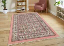 Handmade Floral Block Printed Cotton Rug - Sea Pink & Green