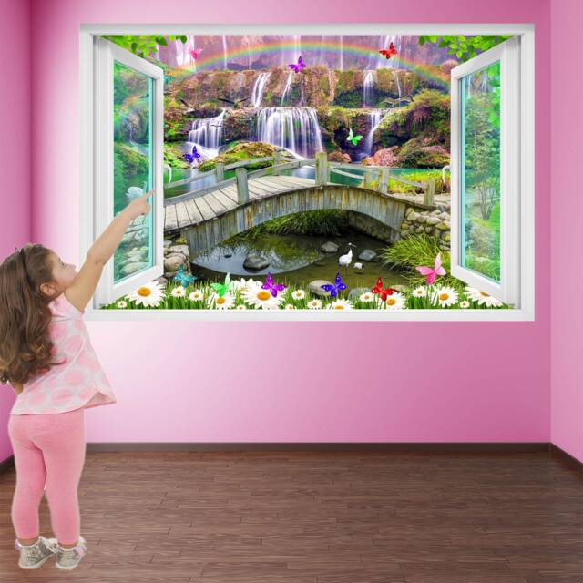 Waterfall Butterflies Flowers Rainbow Wall Decal Sticker Mural Poster Print Art Kids Girls Bedroom Decor Hd41 - image 1