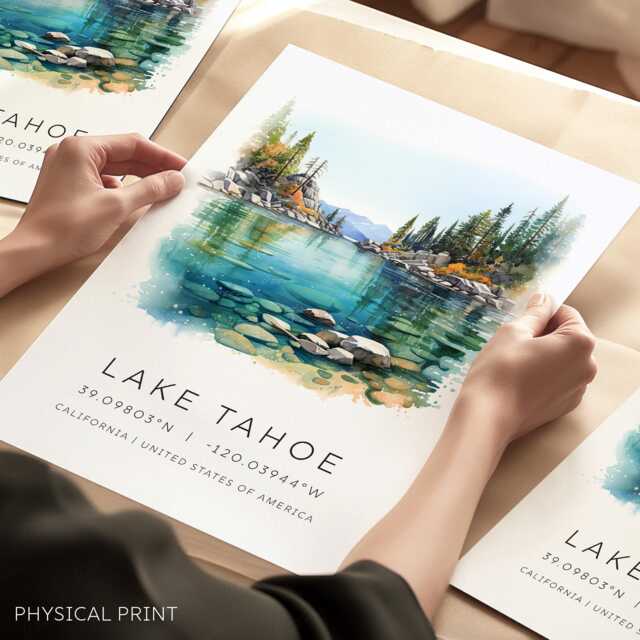 California Travel Prints, Custom Map Coordinates Gifts, Lake Tahoe Watercolor Print, Art City Wall Art, Icon Card - image 1
