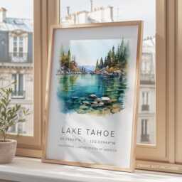 California Travel Prints, Custom Map Coordinates Gifts, Lake Tahoe Watercolor Print, Art City Wall Art, Icon Card - thumbnail 3