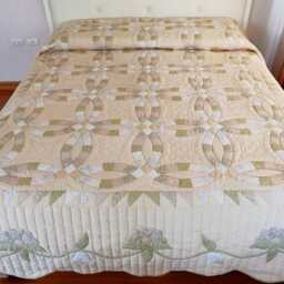 Double Wedding Ring Hand-Quilted Quilt, Neutral Beige Amish Style Patchwork, One-Of-A-Kind Cotton Bedding, Custom Heirloom Queen-Cal King - thumbnail 1