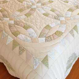 Double Wedding Ring Hand-Quilted Quilt, Neutral Beige Amish Style Patchwork, One-Of-A-Kind Cotton Bedding, Custom Heirloom Queen-Cal King - thumbnail 4