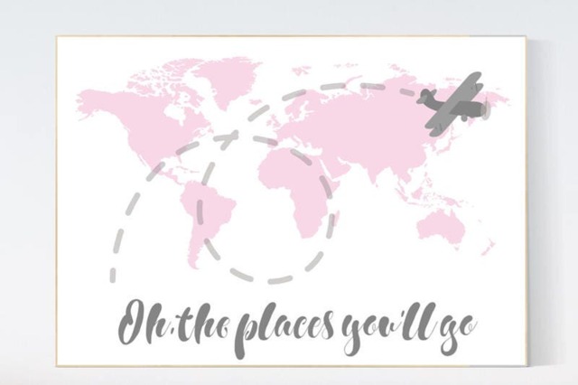 Pink World Map Nursery Decor Travel Wall Art Print - image 1