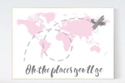 Pink World Map Nursery Decor Travel Wall Art Print - thumbnail 1