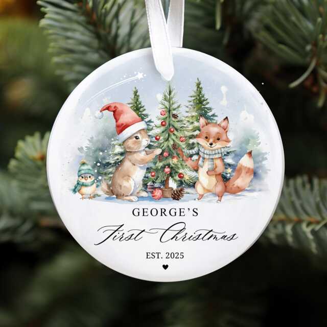 Personalised Baby's First Christmas Ornament 2025 - Woodland Bunny & Fox Bauble Keepsake - image 1