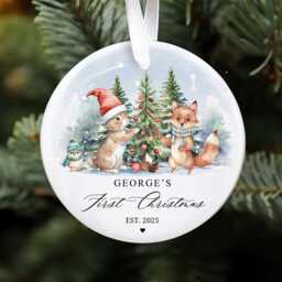 Personalised Baby's First Christmas Ornament 2025 - Woodland Bunny & Fox Bauble Keepsake - thumbnail 1