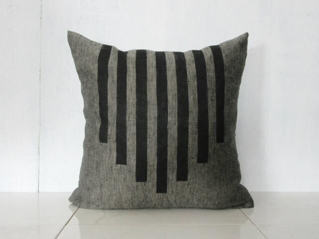 Charcoal Linen Pillow Cover With Black Line Design/Gray Minimalist Southwest Geometric Decorative Throw Cushion Bedding Accent - image 1