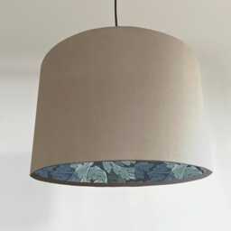 Cream Velvet Drum Lampshade, Double Sided Lampshade With Acanthus Blue Leaves Paper Interior, William Morris - thumbnail 1
