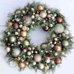 Handmade Frosted Tipped Woodland Green, Pistachio, Rosemary, Gold, Brown & Copper Artificial Bauble Christmas Wreath - thumbnail 1