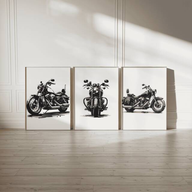Black Motorbike Prints - Set Of 3 Posters - Watercolour Motorbiker Wall Art Boys Room Decor Kids Motor Bike Artwork Biking Gift - image 1