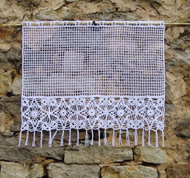 Crochet Curtain, Handmade, White Cotton, Art Crochet Base Mounted On A Mesh Net Of Lower Fringes, Gift Moving - image 1