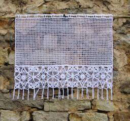 Crochet Curtain, Handmade, White Cotton, Art Crochet Base Mounted On A Mesh Net Of Lower Fringes, Gift Moving - thumbnail 1