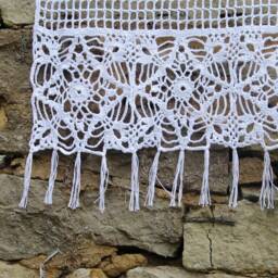 Crochet Curtain, Handmade, White Cotton, Art Crochet Base Mounted On A Mesh Net Of Lower Fringes, Gift Moving - thumbnail 2
