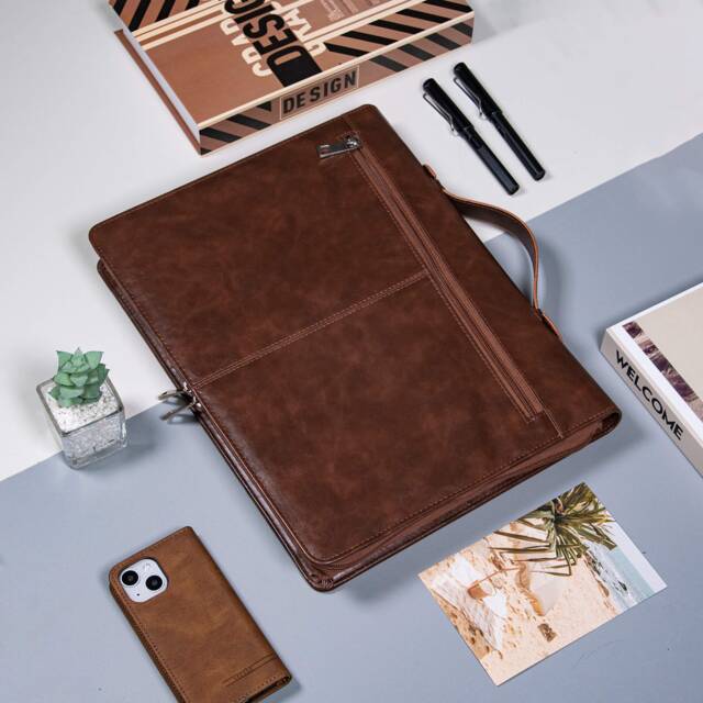 Custom Dark Brown Pu Leather Portfolio, Document Organizer With Handle, Leather Padfolio For Men, Personalized Notebook Cover, Christmas Gifts - image 1