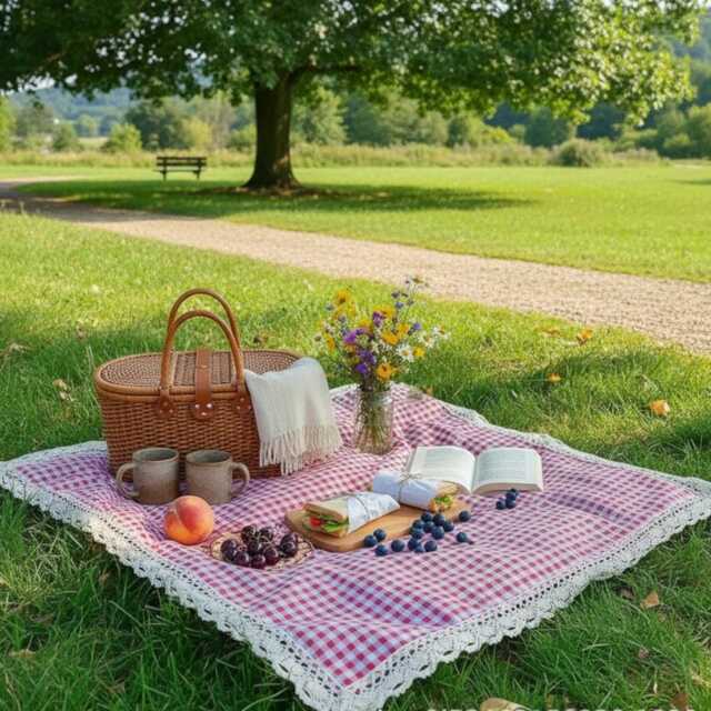 Gingham Picnic Blanket Outdoor Camping Mat Lace Trim Rug - image 1