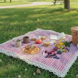 Gingham Picnic Blanket Outdoor Camping Mat Lace Trim Rug - thumbnail 4