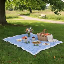 Gingham Picnic Blanket Outdoor Camping Mat Lace Trim Rug - thumbnail 2