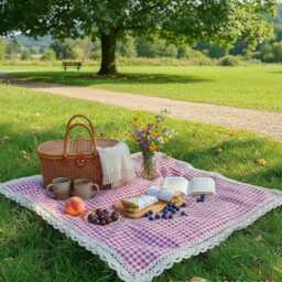 Gingham Picnic Blanket Outdoor Camping Mat Lace Trim Rug - thumbnail 1