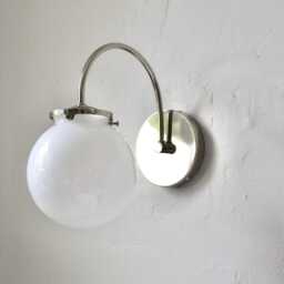 Polished Nickel Wall Sconce Lamp, Mid Century Modern Lighting Fixture, White Glass Globe, Bathroom Vanity, Bedroom Light, Wire in Or Plug - thumbnail 2