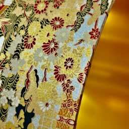 Luxury Lampshade Using Beautiful Japanese Chirugami - Yuzen Paper Gold/Red Exterior Pattern, Brushed-Metal Gold Interior - thumbnail 3