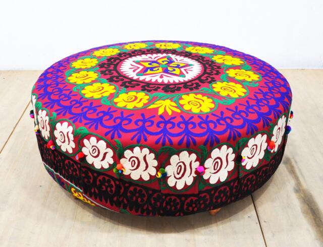 Suzani Round Ottoman - Purple Sun - image 1
