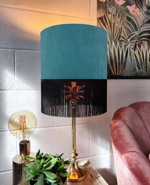 Teal Blue Fringed Lampshade in Velvet With Black Fringe - image 1