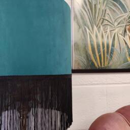 Teal Blue Fringed Lampshade in Velvet With Black Fringe - thumbnail 2
